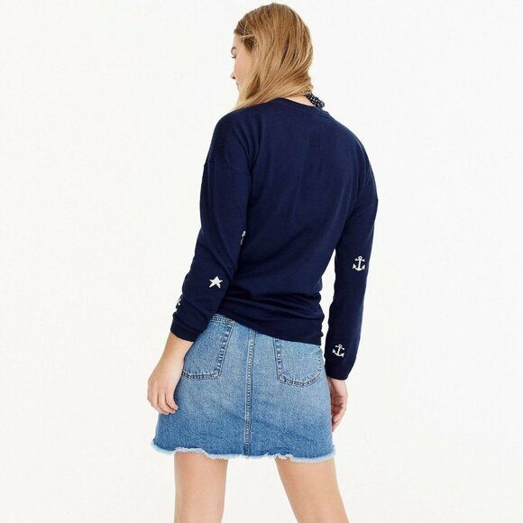 NWT J.Crew Merino Wool Sweater in Navy Ivory Anchors and Stars Knit Pullover L - Picture 3 of 8